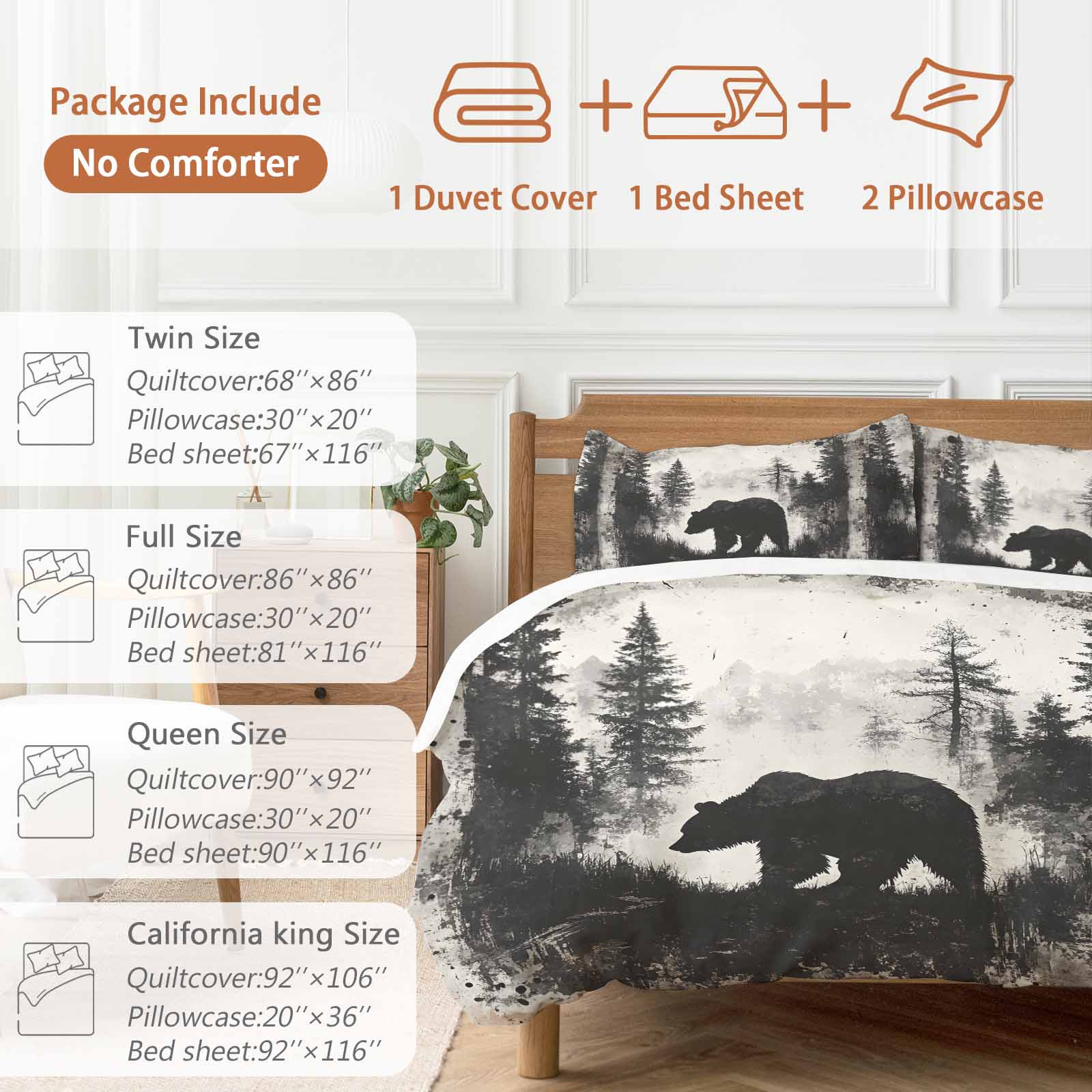 Brown Bear Bedding Duvet Cover Set Queen Size 4 Pieces Black Bear Forest Animal Modern Art Retro Bedding Set with Zipper Closure, 1 Comforter Cover 90x92 Inches 1 Flat Sheet & 2 Pillow Cases