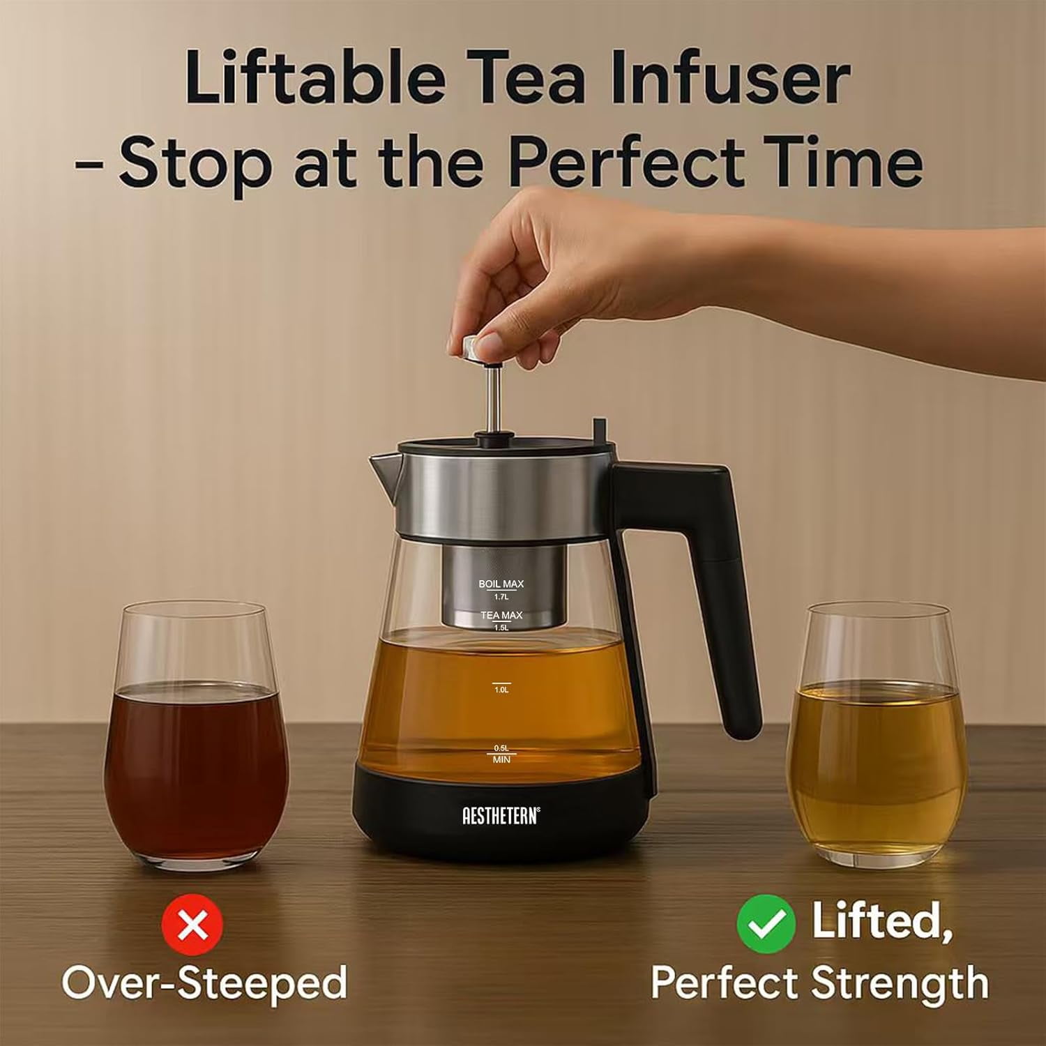 Electric Tea Kettle with Infuser 1.7L Glass Temperature Control Automatic Shut Off Warm for Tea Coffee Water Black