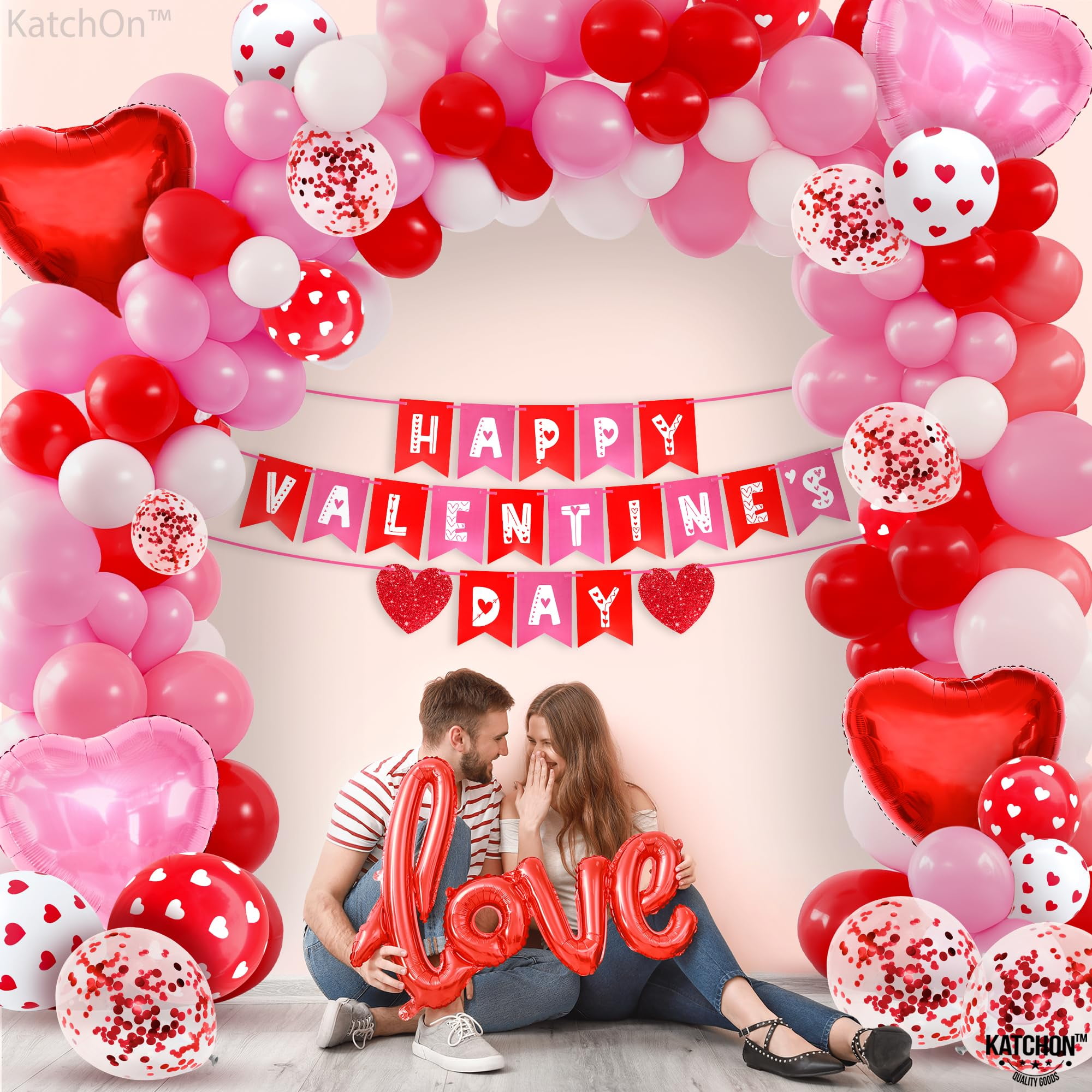 KatchOn, Valentines Day Decorations Arch Set - Pack of 115 | Happy Valentines Day Banner 12 Feet, No DIY with Love Balloons Script | Heart Balloons, Valentines Day Decorations