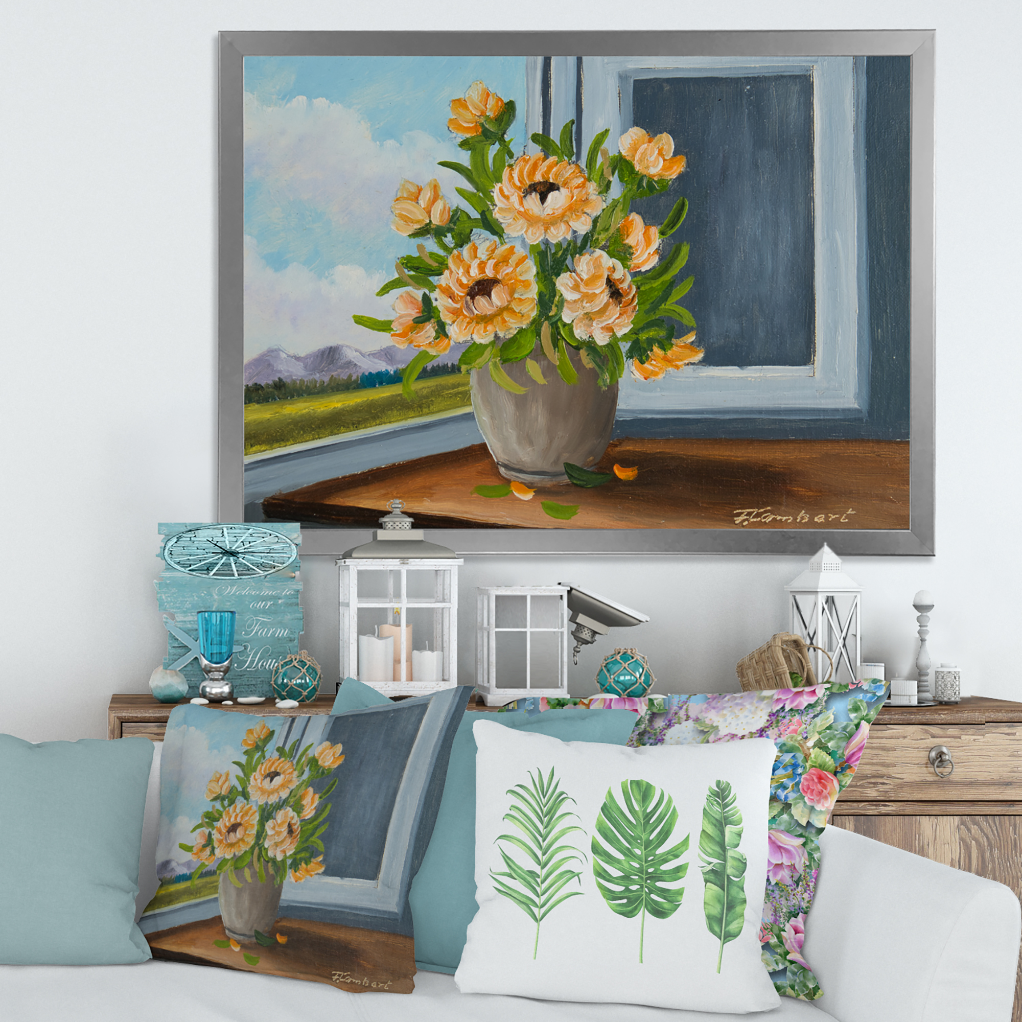 Designart 'Still Life With Orange Flowers In Vase At The Window' Traditional Framed Art Print