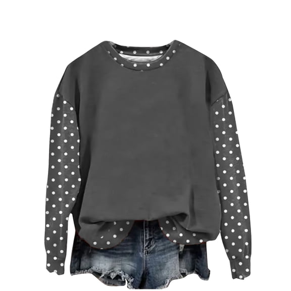Crewneck Sweatshirts for Women Polka Dot Long Sleeve Oversized Pullover Top,Ladies Fall Winter Warm Sweatshirt Gray L