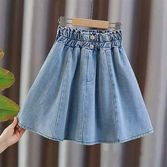 Fdrone Kids Baby Girl Midi Denim Button Front Half Skirt Summer Beach Little Girl High Waist Layered Denim Skirt Ruffle Flowy Skirts (6-7 Years, Light Blue)