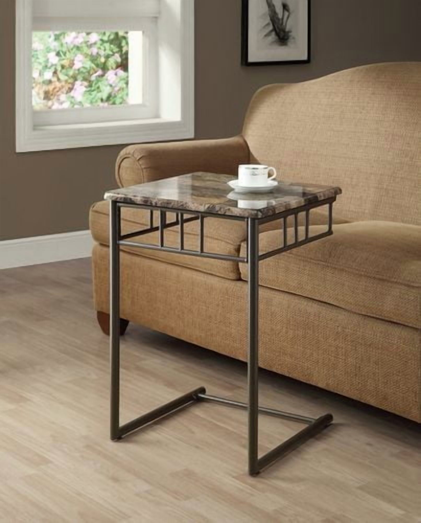 Monarch Specialties Table D'appoint, En Forme De C, Bout, Côté, Collation, Salon, Chambre À Coucher, Métal, Stratifié, D'aspect Marbre Brun, Contemporain, Moderne