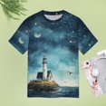 thumbnail image 4 of Lighthouse Sunrise Coast Scenery Pale Blue Tan Womens Tops Women's Fashion Casual Short Sleeve Flower Print Round Neck Pullover Top Blouse, 4 of 6