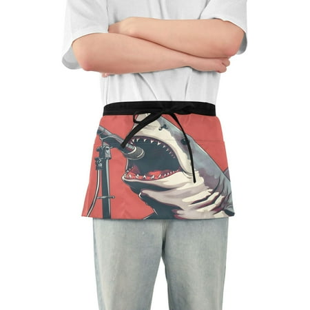 Shark Singing Server Apron with 3 Pockets Waterproof Waitress Waist Short Apron for Man Woman 12 Inches