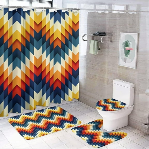 Bathroom Set of 4 with Shower Curtain, Non-Slip Rugs, Toilet Lid Cover & Bath Mat, 4Pcs Red Floral Pattern Shower Curtain Sets With Waterproof Curtain & Accessories, For Family Hotel, 71 x 71 Inch