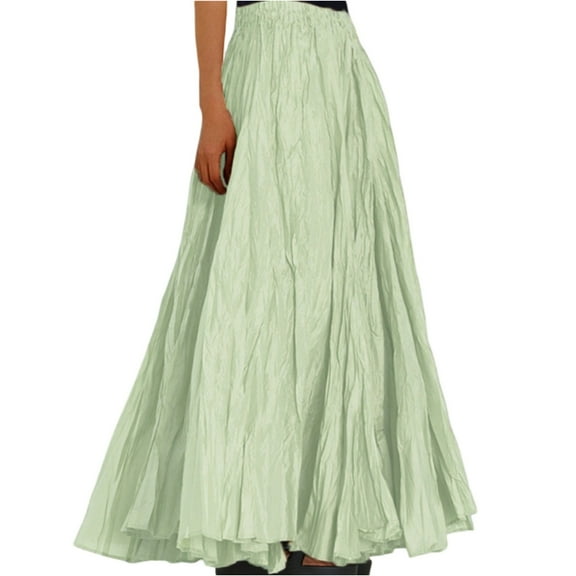 Yucgh Women's Pleated Solid Color Maxi Skirt with Large Swing, A-line Floor Length Skirt, Casual Flowy Skirt with Elastic Waist,Light Green,L