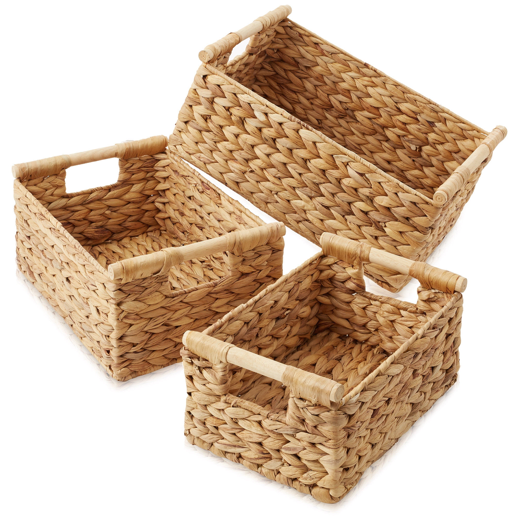 Casafield (Set of 3) Water Hyacinth Rectangular Storage Baskets with Wooden Handles - Small, Medium, Large Woven Nesting Baskets