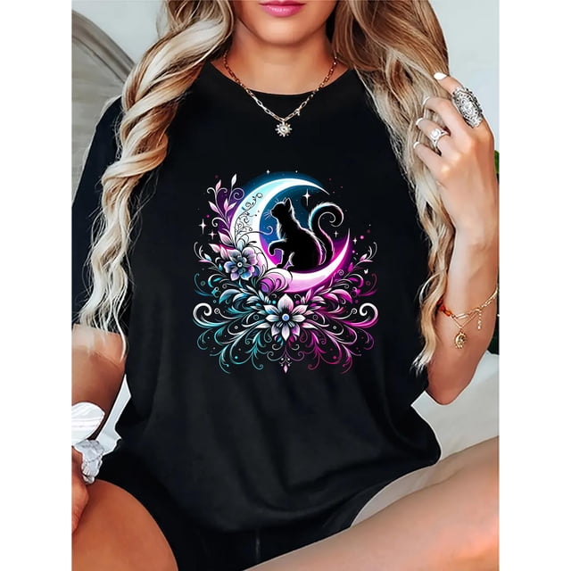 T-shirt Graphique Chic Décontracté pour Femmes - Polyester Extensible Doux, Col Rond Manches Courtes, Lavable en Machine Haut d'Été Blanc avec Design Floral Coloré Fête des Pères, Fête des Mères, Nouvel An, Sp