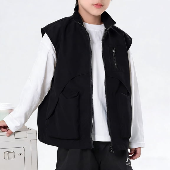 hengsof Children's Sleeveless Hooded Vest Jacket Coat Solid Color Zipper Casual Vest Suitable for Outdoor Sports Fashion Baita