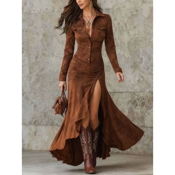 Women Brown Suede Western Two Piece Outfit Button Down Shirt Ruched High Slit Flowy Maxi Skirt Set