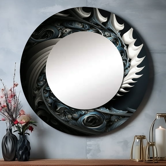 Designart "Blue and White Liquid Stained Glass I" Abstract Blue Large Round Mirror - Round Bedroom Mirror Wall Decor - Modern Round Printed Mirror - 23" x 23"