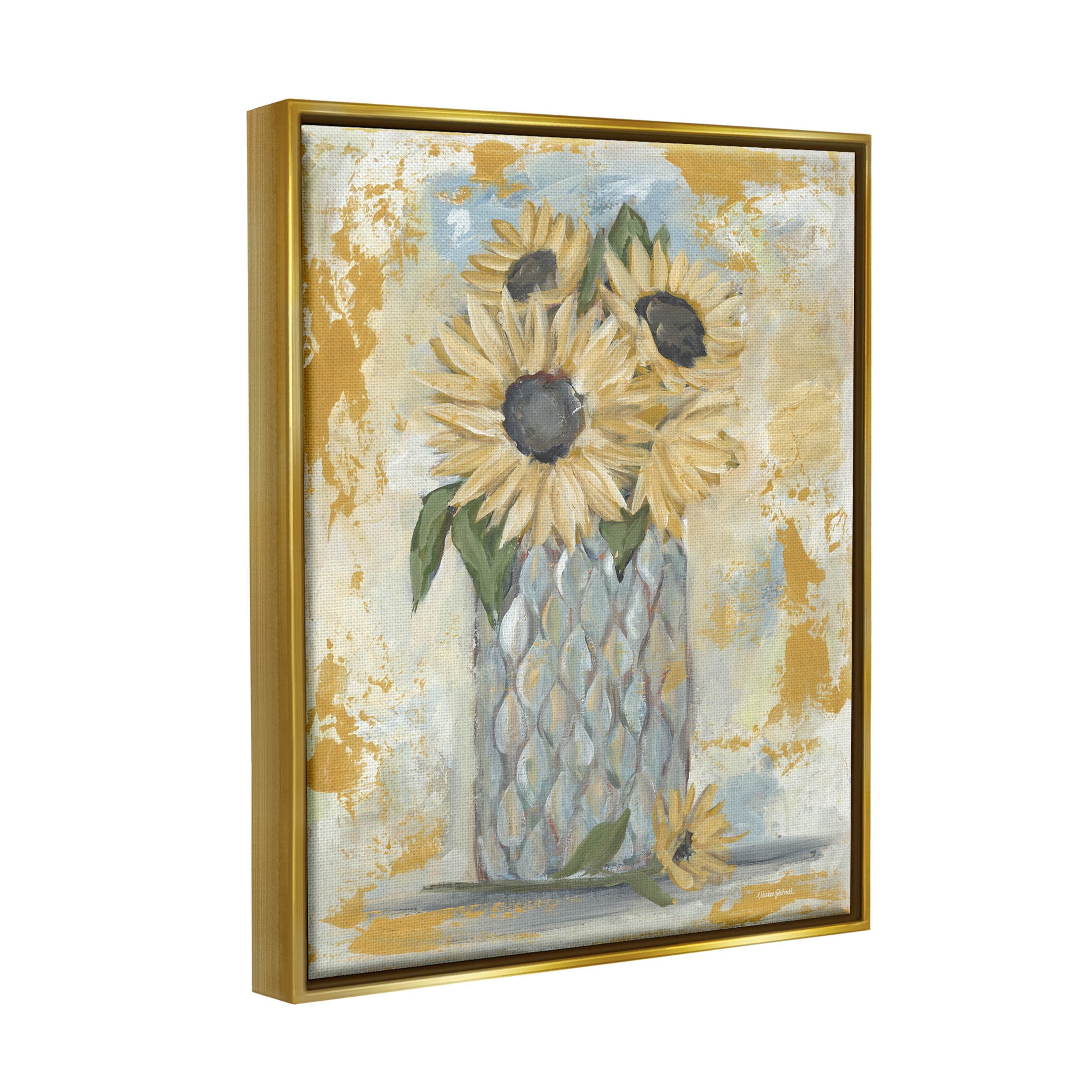 Rustic Weathered Sunflower Vase Botanical & Floral Graphic Art Metallic Gold Framed Art Print Wall Art