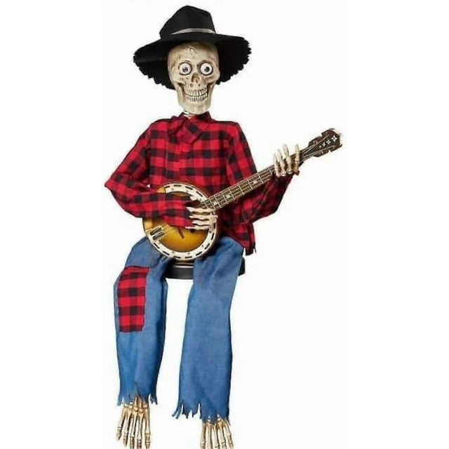 Bebetter Halloween animated skeleton, fun skeleton playing banjo, bright eyes and adjustable joints, elegant 40cm statue compatible decoration