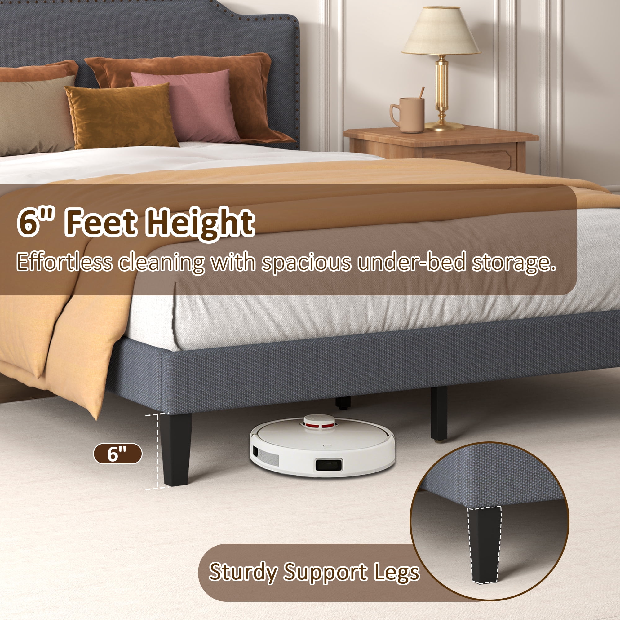 Pingliang Home Queen Size Bed Frame with Adjustable Headboard, Rivet Decoration Upholstered Headboard, Easy to Assemble, Noise Free,Dark Gray