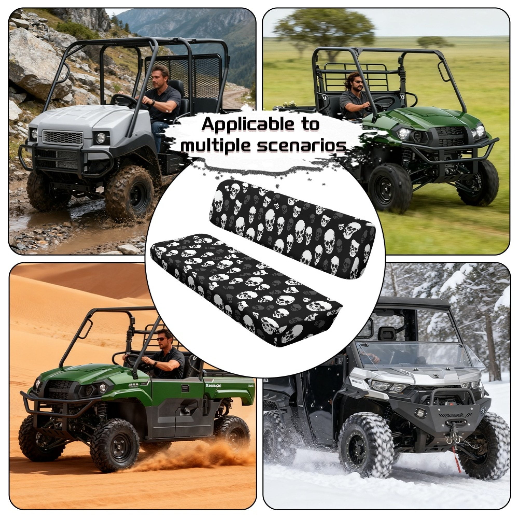 ZIATUBLES 2-Pack Waterproof UTV Seat Covers with Black Skull Print, Replacement Bench Seat Protectors Compatible with Kawasaki Mule 3000 3010, Wear-Resistant Polyester UTV Seat Decor Covers