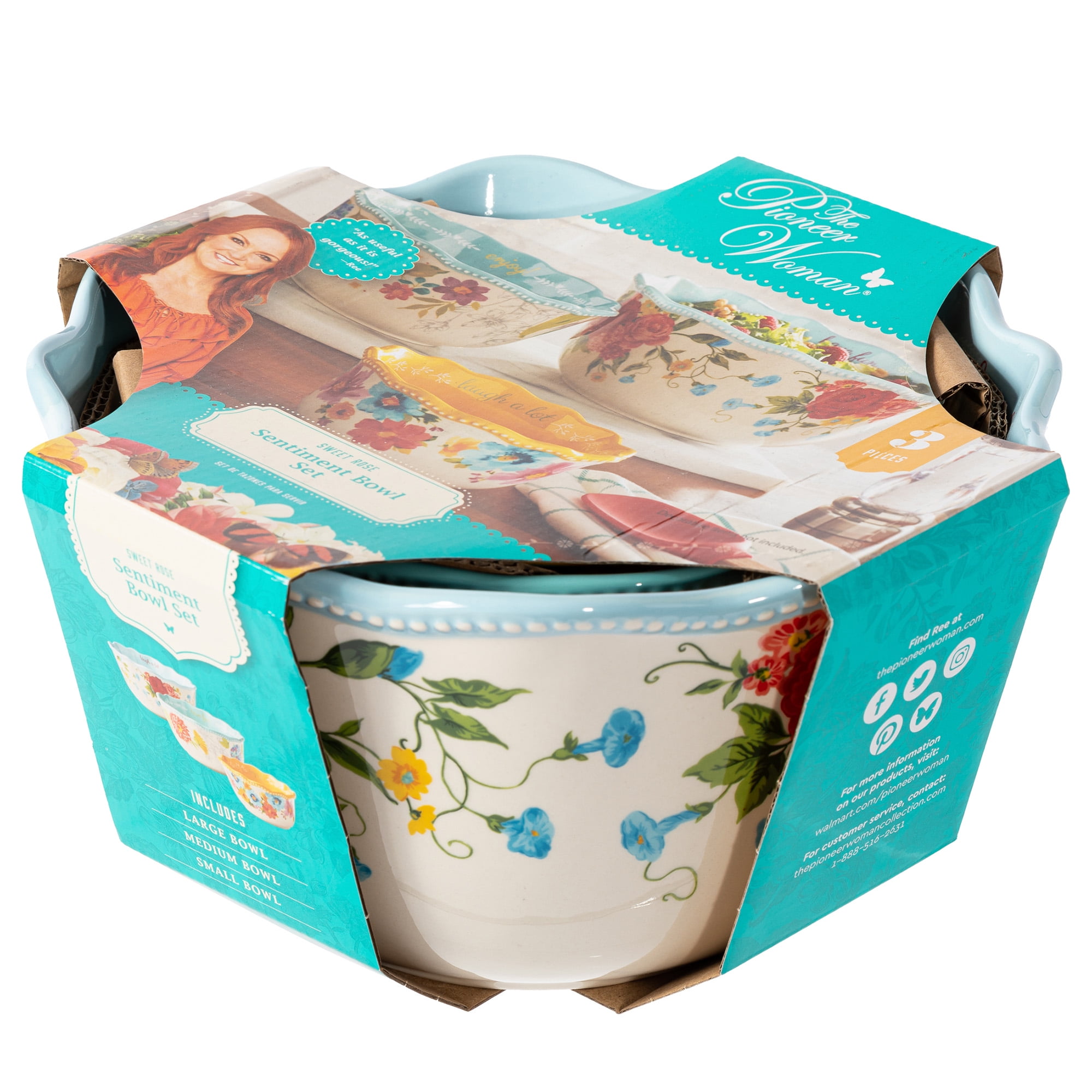 The Pioneer Woman Sweet Rose Sentiment Stoneware Serving Bowls, 3-Piece Set