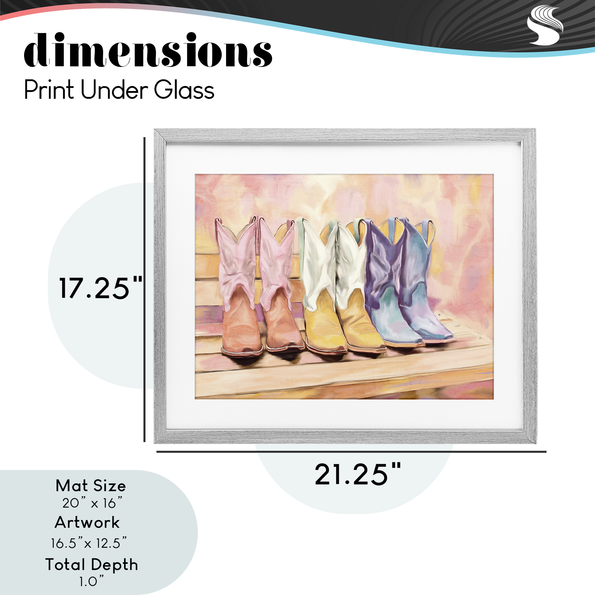 Painted Boots Trio Gray Framed Print Under Glass, design by Kim Allen