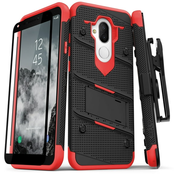 ZIZO BOLT Series Alcatel 7 Case Military Grade Drop Tested with Tempered Glass Screen Protector Holster REVVL 2 Plus Black Red