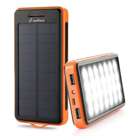 Solar Charger, Zanfl 15000mAh Portable Solar Power Bank Dual USB Backup Battery Pack Charger, Solar Phone External Battery Charger with 6 LED Flashlight for iPhone, Android, Tablet Camera and (The Best Portable Battery Charger)