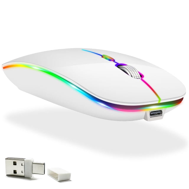 Ratón LED recargable KLO (BT5.2+Type-C+USB2.4G), ratón Bluetooth para MacBook/MacBook Air/Pro/iPad/ordenador portatil/notebook/PC/Chromebook (LED y blanco)