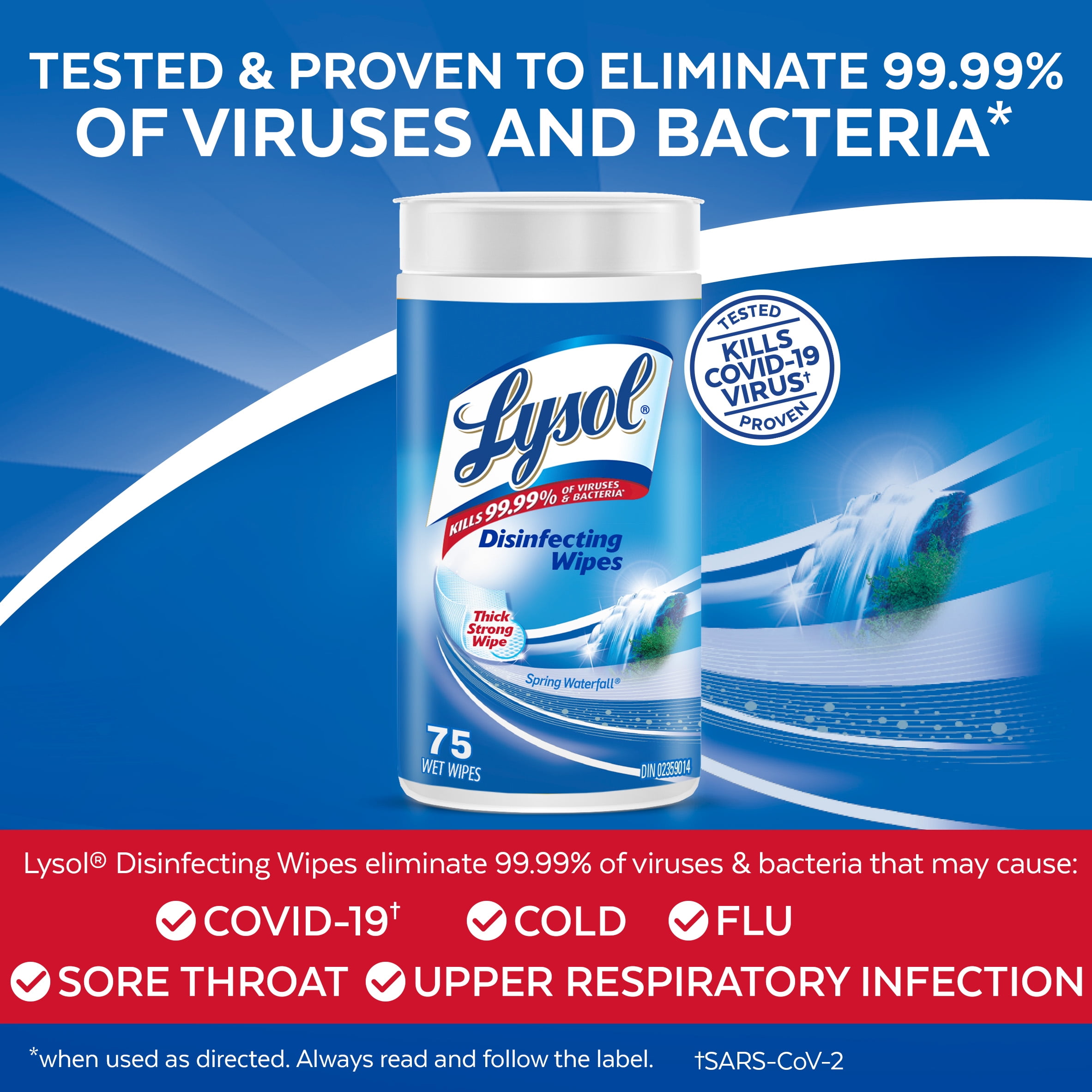 Lysol Lingettes désinfectantes, cascade printanière, lingettes épaisses et fortes, tuent 99,99 % des virus et bactéries, 75 unités