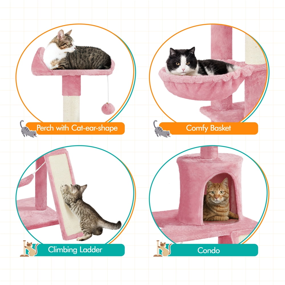 Yaheetech 63.5″ H Cat Tree with Basket Hammock Scratching Post for Indoor Cats, Pink