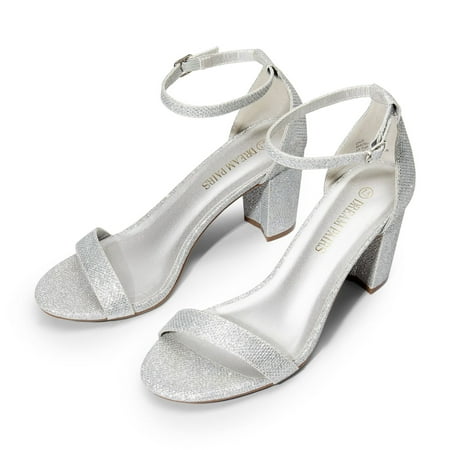 BURUDANI Women s Chunky High Heel Sandals Ankle Strap Open Toe Dress Shoes SILVER/GLITTER Size 8