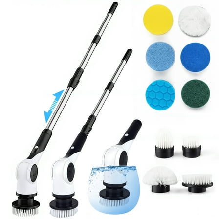 Andizun Electric Spin Scrubber with 10 Replaceable Brush Heads, IPX7 Waterproof Shower Scrubber with Long Handle, 3-Speed Adjustable Bathroom Scrubber Electric with Rotating Cleaning Brush