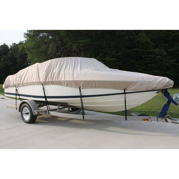 NEW VORTEX 5 YEAR CANVAS HEAVY DUTY TAN/BEIGE VHULL FISH SKI RUNABOUT COVER FOR 17 to 18 to 19' FT BOAT, IDEAL FOR 96" BEAM (FAST SHIPPING - 1 TO 4 BUSINESS DAY DELIVERY)