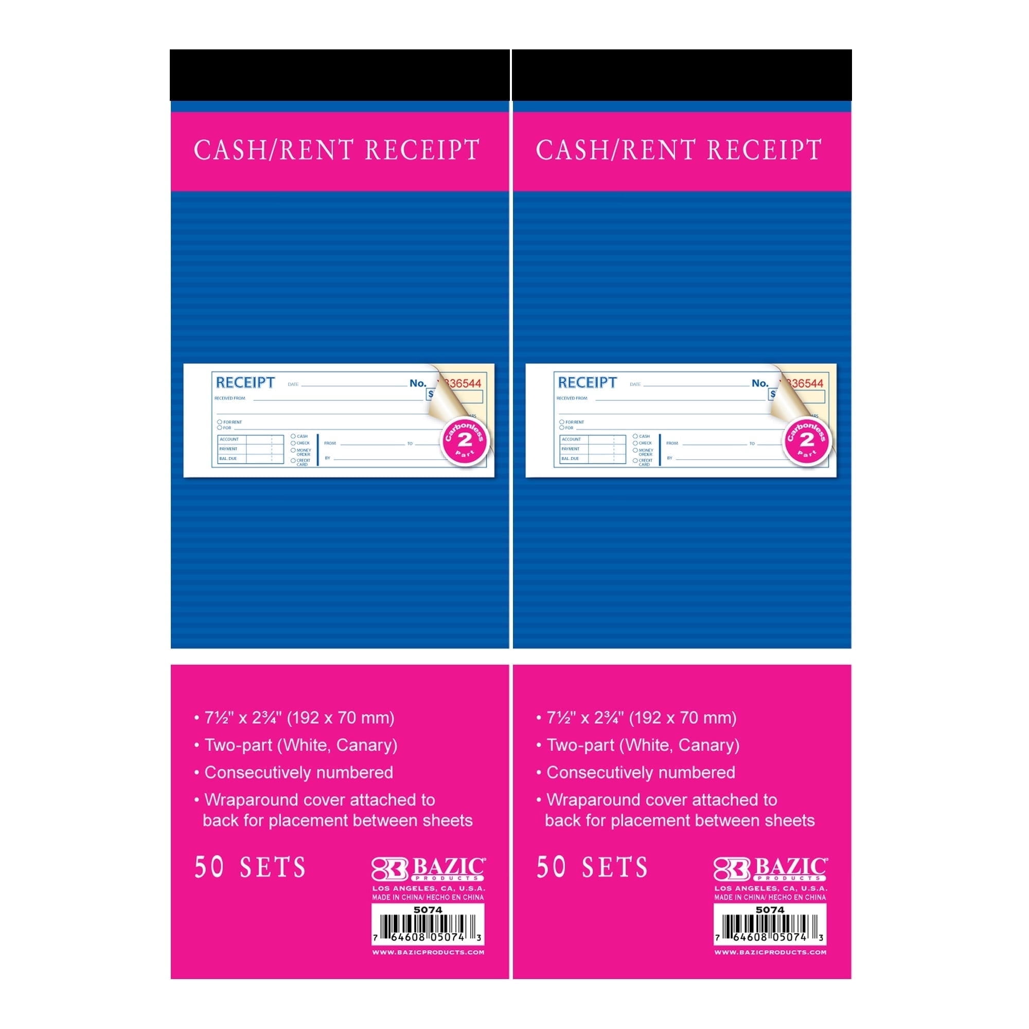 BAZIC Cash Money Rent Receipt Book, 50 Sets 7 1/2"x2 3/4" 2-Part Carbonless, 2-Pack