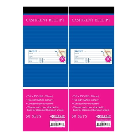 BAZIC Cash Money Rent Receipt Book, 50 Sets 7 1/2"x2 3/4" 2-Part Carbonless, 2-Pack
