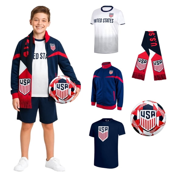 Icon Sports US Soccer Federation Ultimate Fan Pack: Soccer Ball, Scarf, Shirts & Jacket 5-Piece Value Set - Unisex Kids - USSFUFP-YP Multi YM