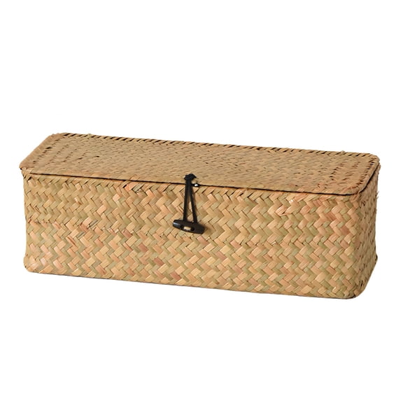 Rattan Wicker Storage Basket with Lid, Seagrass Woven Narrow Basket, Decorative Handmade Organizer Box, 12.6 x 4.7 in / 32 x 12 cm, Perfect for Desktop, Gift Giving