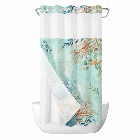 No Hook Shower Curtains with Snap-in Liner Set, Teal Beach Coastal Waterproof Hotel Style Bathroom Shower Curtain, Summer Nautical Coral Shell Botanical Breathable Mesh Top Bath Curtains 36''x72''