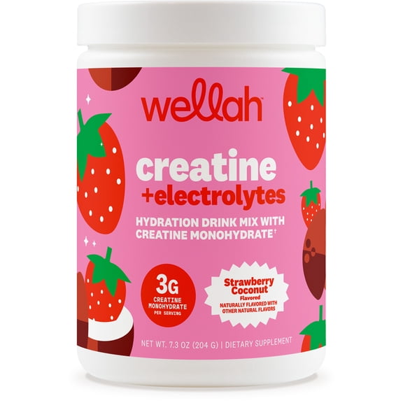 Wellah Creatine   Electrolytes Powder (Strawberry Coconut 30 Servings - Hydration Drink Mix with 3g of Creatine Monohydrate