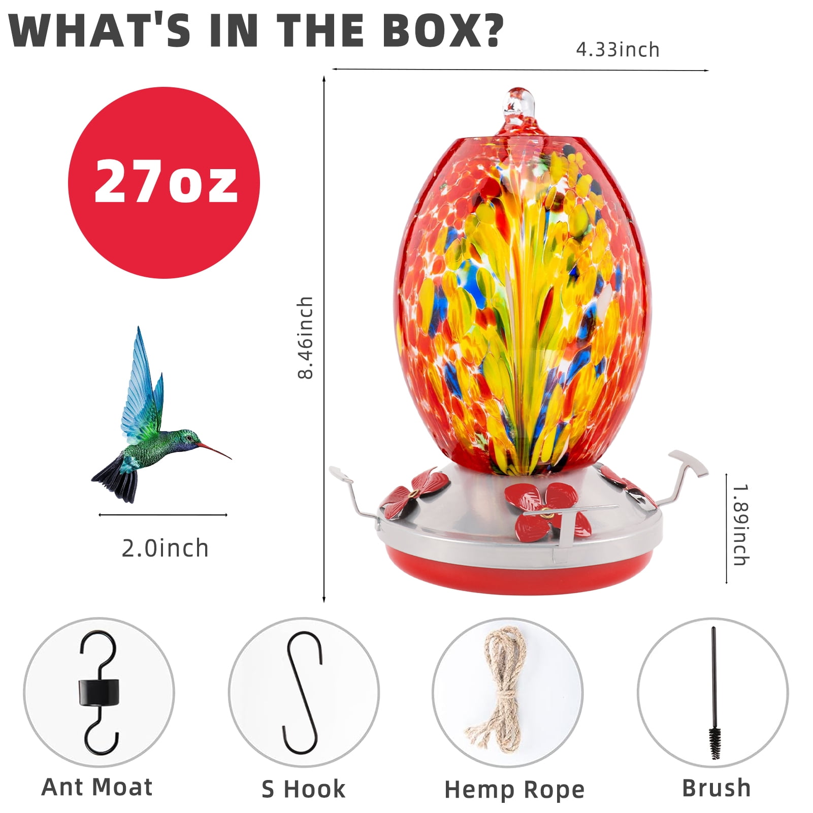 KORALAKIRI Glass Hummingbird Feeders, 27OZ Hummingbird Feeder for Outdoors Hanging ant and Bee Proof, Humming Birds Feeders for Outside