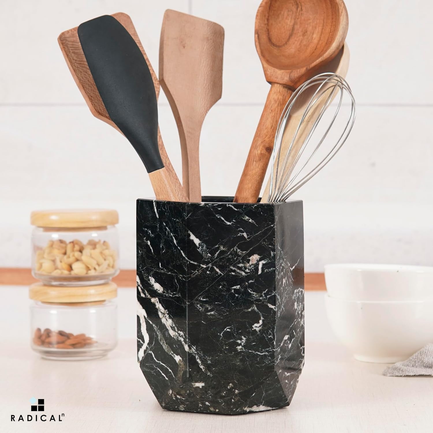 Radicaln Marble Utensil Holder 6.5" Black Handmade Kitchen Utensil Organizer – Durable Cooking Utensil Holder and Spoon Holder for Countertop, Modern Kitchen Décor & Everyday Utensil Caddy