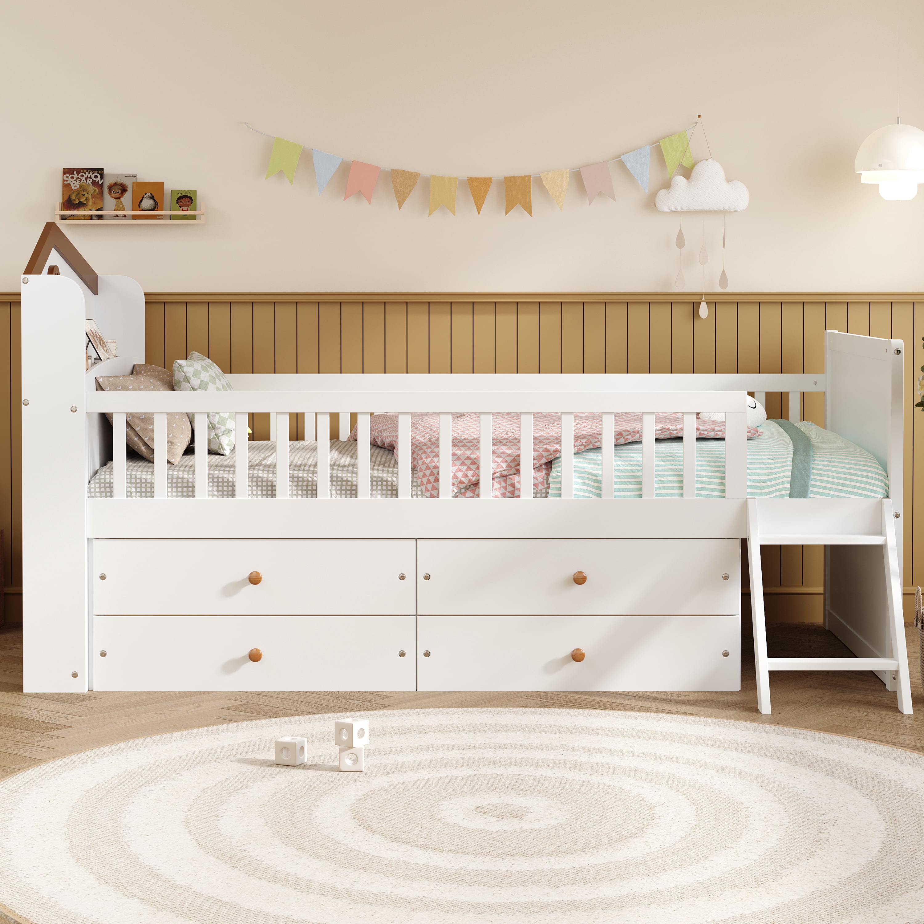 Euroco Wood Twin Size Platform Bed with Drawers, House Bed with Storage and Ladder, White