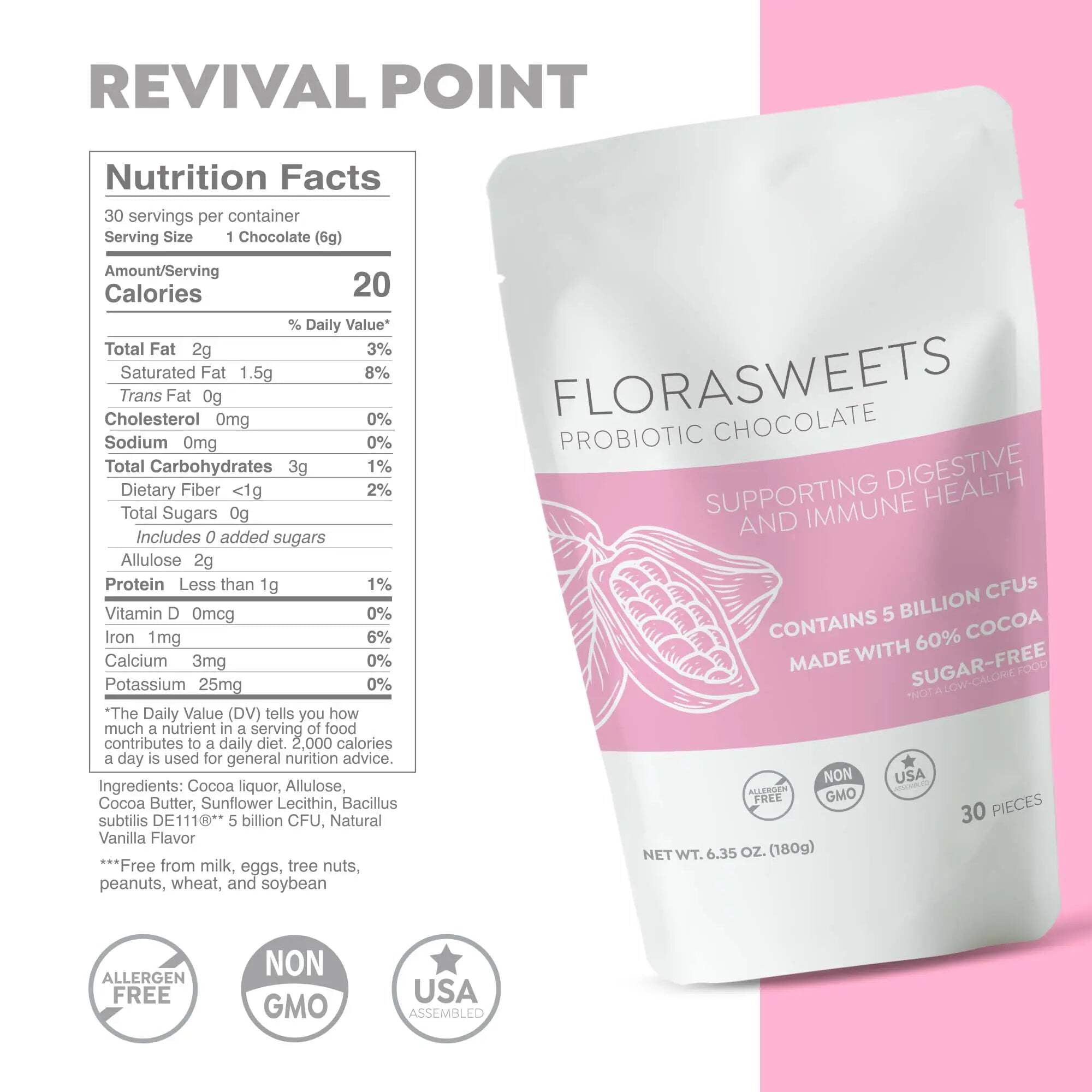 Florasweets Probiotic Chocolate 5 Billion CFU - Revival Point - 3 Bags - Gut Health