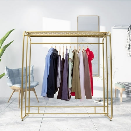 Loyalheartdy Gold Clothes Rack Dual-bar Storage Clothing Holder Heavy Duty Metal Garment Stand w/Top Shelf 59x19.7x59In