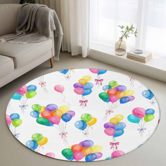 Colorful Balloon Round Area Rug 3.3Ft Washable Circle Rugs for Dining Room Table, Watercolor Balloons Bow Modern Non-Slip Carpet Floor Mats Indoor Outdoor Carpet Runner Aesthetic Home Decor
