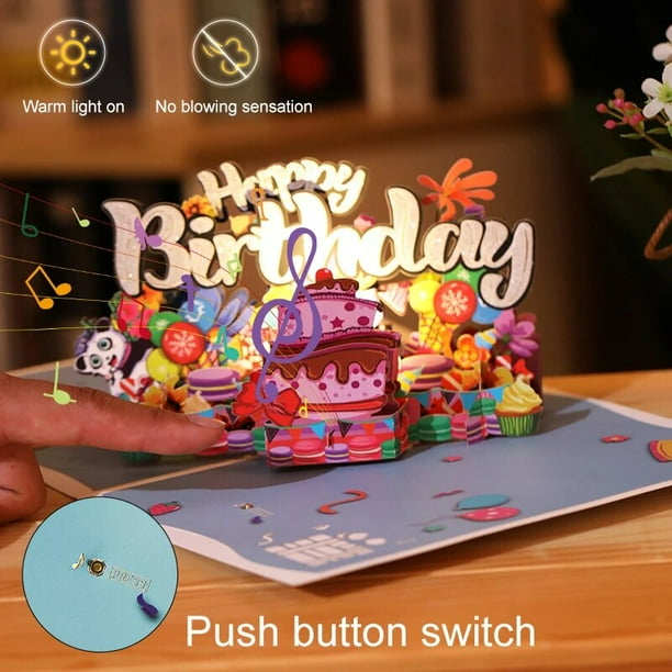 Tarjetas de cumpleaños musicales, luz de Color y vela soplable, tarjeta emergente 3D con música de feliz cumpleaños, regalo de Bday, tarjeta de felicitación para mujeres y niños