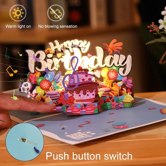 Tarjetas de cumpleaños musicales, luz de Color y vela soplable, tarjeta emergente 3D con música de feliz cumpleaños, regalo de Bday, tarjeta de felicitación para mujeres y niños