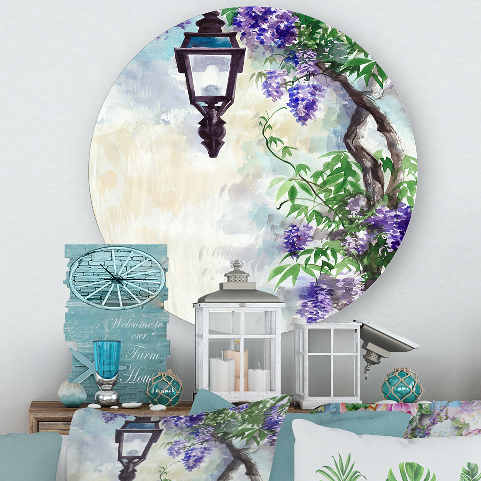 Designart 'Lilac Tree Lantern Vintage Impression' Traditional Circle Metal Wall Art 23x23 - Disc of 23