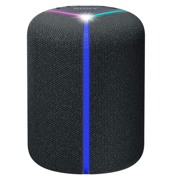 bocina bluetooth extrabass srs-xb402m - amazon alexa integrado sony srs-xb402, bocina cilíndrica negra con malla texturizada y tira vertical de LEDs azul con acentos morados en la parte superior, botones táctiles en la tapa; Wi‑Fi, Alexa integrado y hasta 12 horas de batería; adecuada para ambientar reuniones pequeñas.