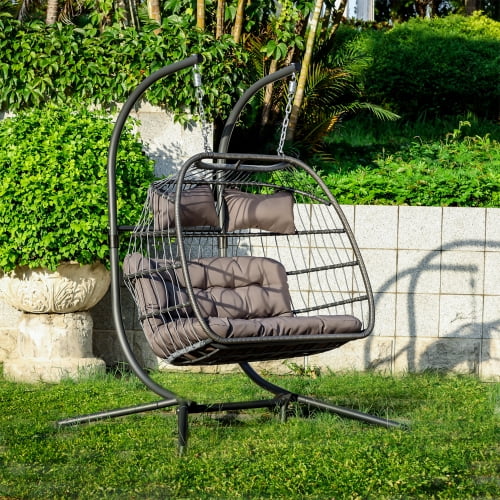Rattan Hanging Egg Chair Double Swing Seat Chair For Gardens Decking With Cream Cushion Patio Single Or Double Seat Outdoor Furniture