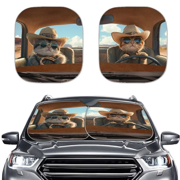 Garronmavis Cowboy Cat Driver Car Sun Shade Windshield 2pcs/set Foldable Car Front Window Sunshade Sun Heat Protection