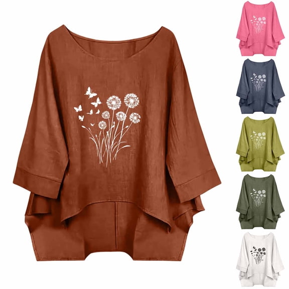 Fengqque Women Dandelion Print Top Boat Neck 3/4 Sleeve Oversized Loose Irregular High Low Hem Blouse White XL