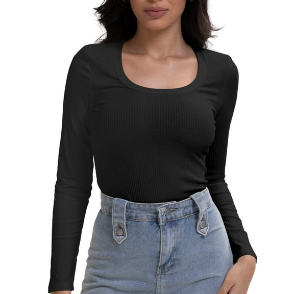 Women Long Sleeve Scoop Neck Tops Stretch Fitted Casual Tops Tee Slim Fit Fall Going Out Sexy Basic Shirts